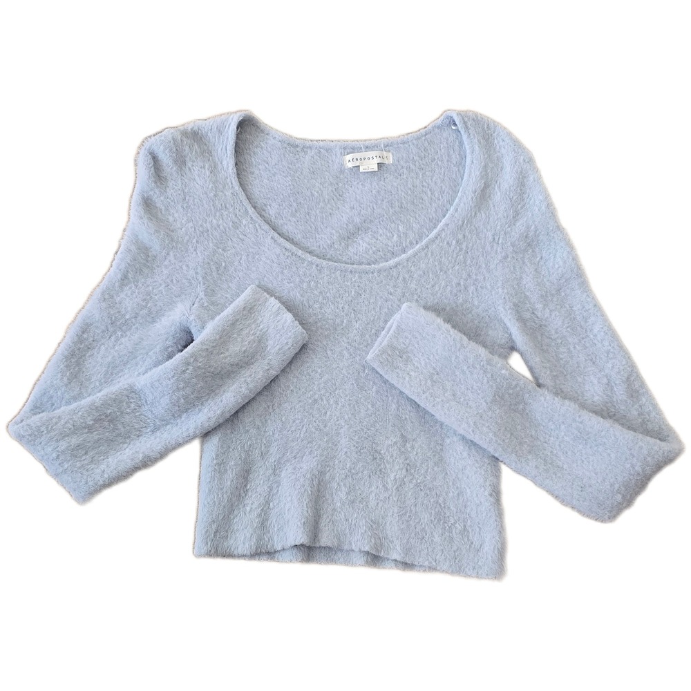Aeropostale Fuzzy Knit Scoop Neck Long Sleeve Cropped Sweater Size‎ Lg Baby Blue